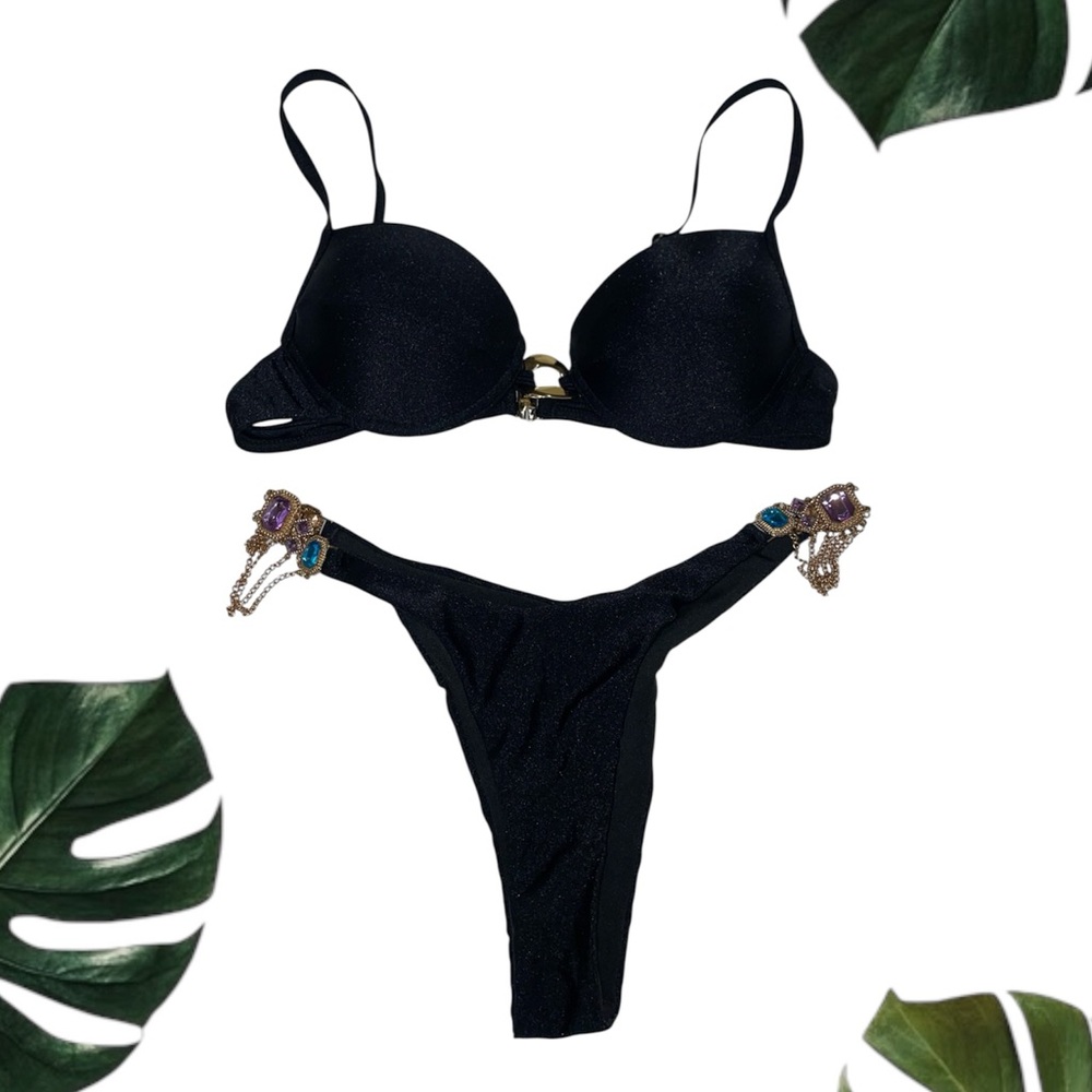 Jeweled Chain Thong Black Bikini